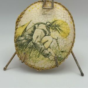 Vintage Folk Art Decoupage Plaque on Metal Easel Stand Crackle Finish